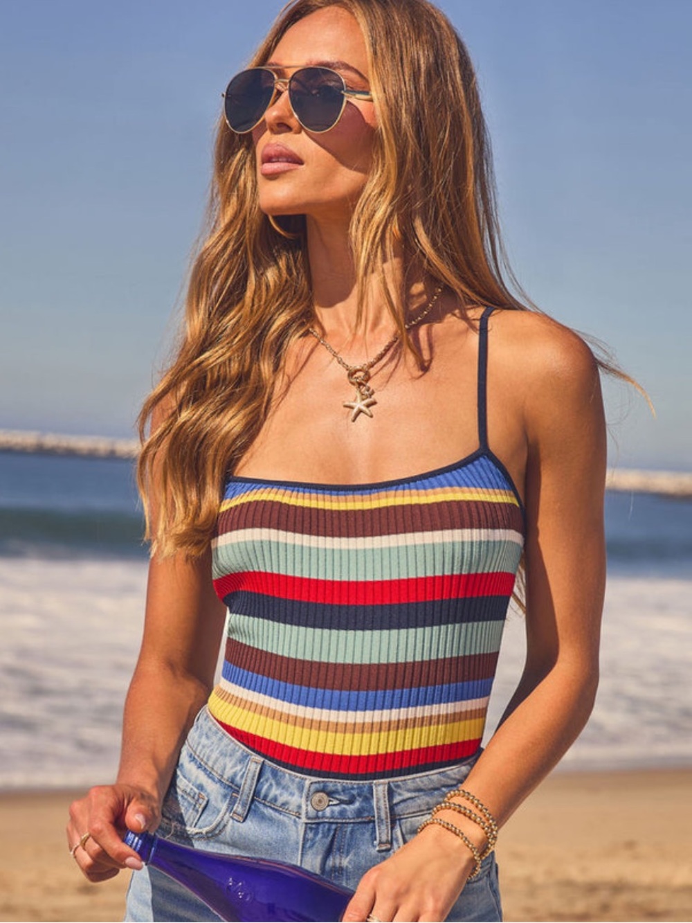 Striped Ribbed Knit Cami Tank Top - Multicolor